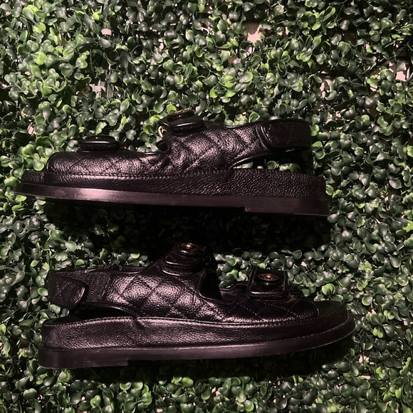 Authentic CHANEL CC Buttons  Caviar Skin Dad Sandals 37 Black No Box - Picture 2 of 10